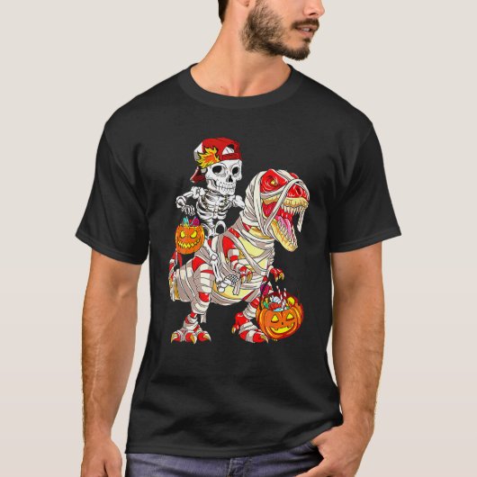 スケルトン乗馬ミイラ恐竜T -レックスハロウィーン Tシャツ (正面)