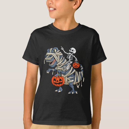 スケルトン乗馬ミイラTレックスハロウィンボーイズガールズK Tシャツ (正面)