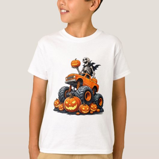 スケルトン乗馬モンスタートラックハロウィンカボチャ木 Tシャツ (正面)