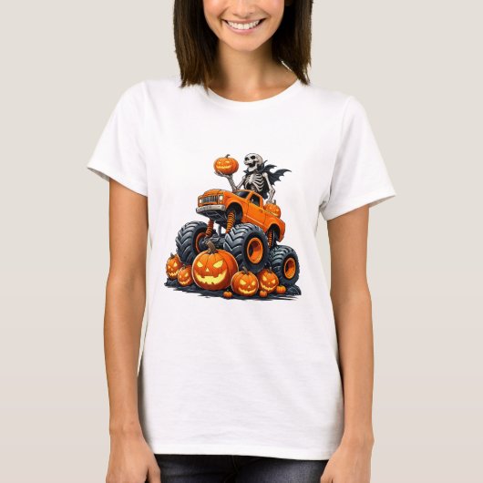 スケルトン乗馬モンスタートラックハロウィンカボチャ木 Tシャツ (正面)