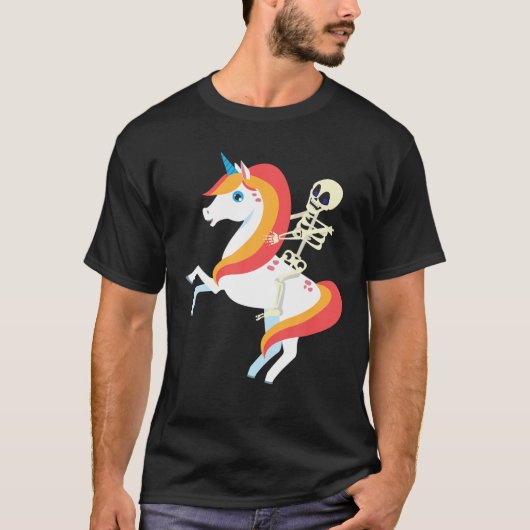 スケルトン乗馬ユニコーンかわいいおもしろいスカルハロウィン Tシャツ (正面)