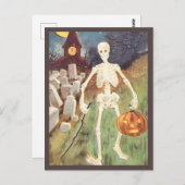 スケルトン保持カボチャ – ヴィンテージハロウィーン ポストカード (正面/裏面)