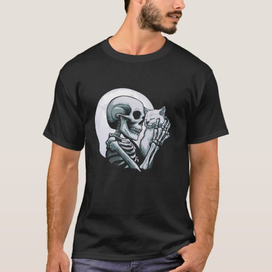 スケルトン保持キャット不気味スカルハロウィーンゴシック Tシャツ (正面)