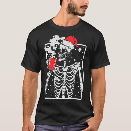 スケルトン動揺して笑顔のスカル飲みコーヒー Tシャツ (正面)