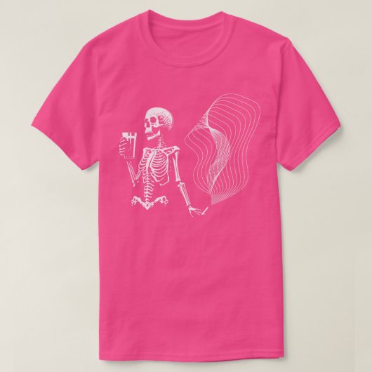 スケルトン喫煙とビールを飲む Tシャツ (デザイン正面)
