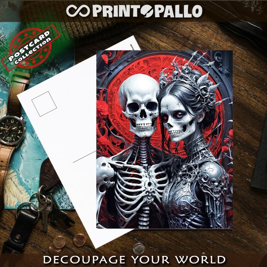 スケルトン夫妻は赤い背景で ポストカード