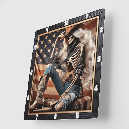 スケルトン女性のカーボーイウエスタンコーディネイト愛国的アメリカ スクエア壁時計 (傾斜)
