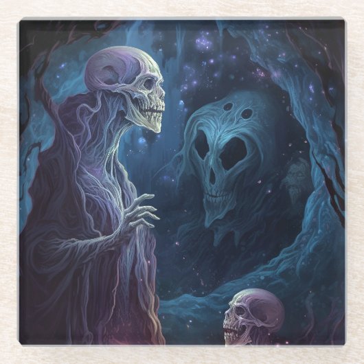 スケルトン完全に死んでいなクリーチャーのホラーアート ガラスコースター (正面)