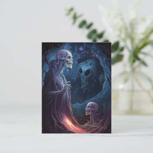 スケルトン完全に死んでいなクリーチャーのホラーアート ポストカード (スタンド正面)