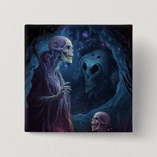スケルトン完全に死んでいなクリーチャーのホラーアート 缶バッジ (正面)