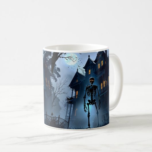 スケルトン幽霊のよく出るマンションマグ – アニメハロウィーン コーヒーマグカップ (正面右)