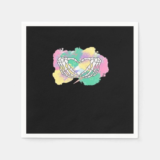 スケルトン手ハートと抽象芸術カラーの背景 スタンダードカクテルナプキン (正面)