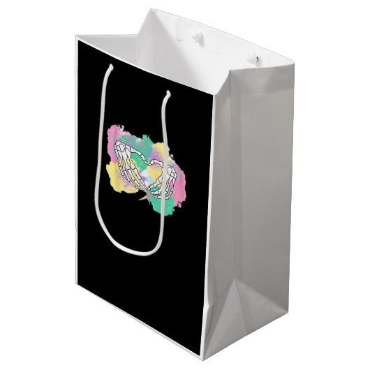 スケルトン手ハートと抽象芸術カラーの背景 ミディアムペーパーバッグ (正面アングル)