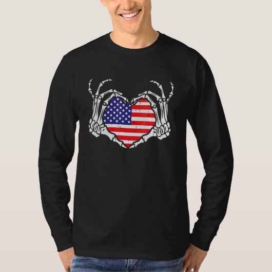 スケルトン手ハート7月の4th愛アメリカ国旗 tシャツ (正面)