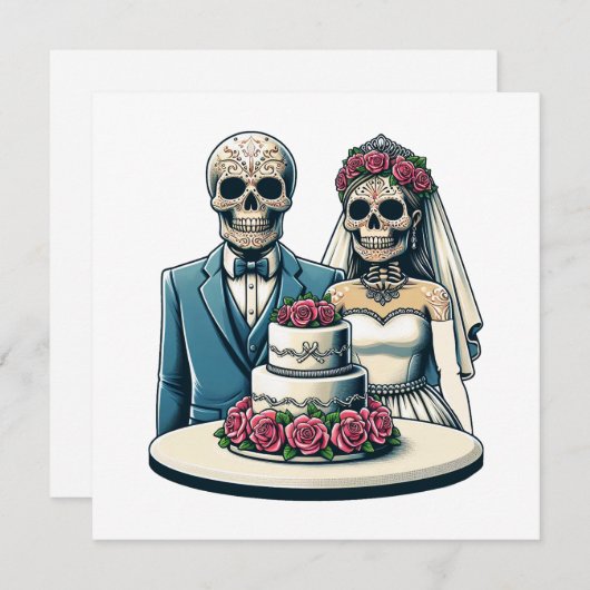 スケルトン新郎新婦の死んだ芸術の結婚式の日 招待状 (正面/裏面)