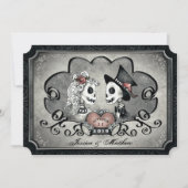 スケルトン灰色の結婚黒いハートの「一緒に」 招待状 (正面)