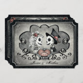 スケルトン灰色の結婚黒いハートの「一緒に」 招待状 (正面/裏面)