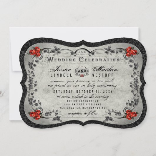 スケルトン灰色の黒と白のハート結婚式招待 招待状 (裏面)