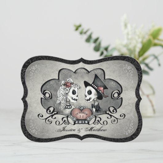 スケルトン灰色の黒と白のハート結婚式招待 招待状 (スタンド正面)