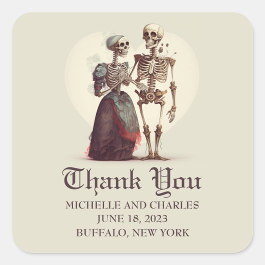 スケルトン結婚カップルに感謝 スクエアシール (正面)