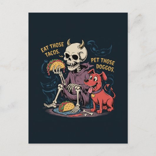 スケルトン食べのおもしろいはタコスとペットの犬 ポストカード (正面)