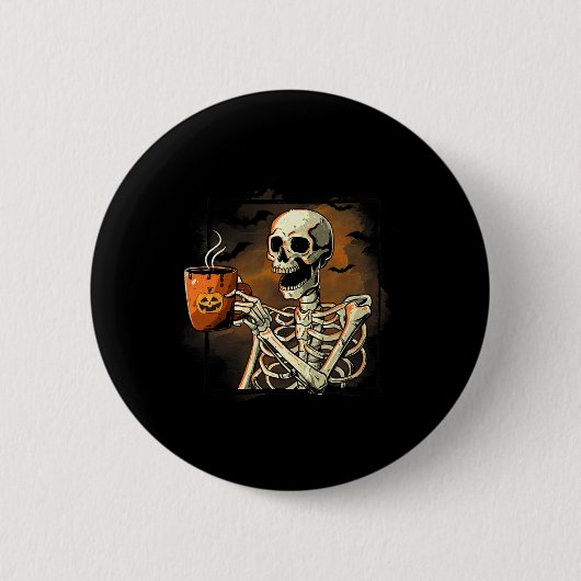 スケルトン飲みコーヒーおもしろいスカルハロウィンコス 缶バッジ (正面)
