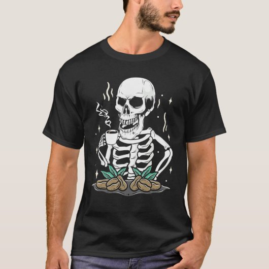 スケルトン飲みコーヒーコーヒー豆コーヒー Tシャツ (正面)
