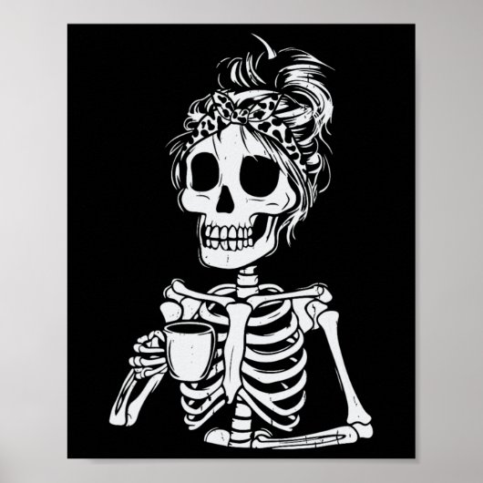 スケルトン飲みコーヒースカル面白いハロウィーンルーム ポスター (正面)