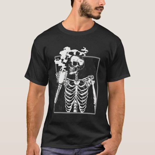 スケルトン飲みコーヒーハロウィーンスカル Tシャツ (正面)