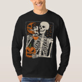 スケルトン飲みコーヒーラバーハロウィーンスカルML Tシャツ (正面)