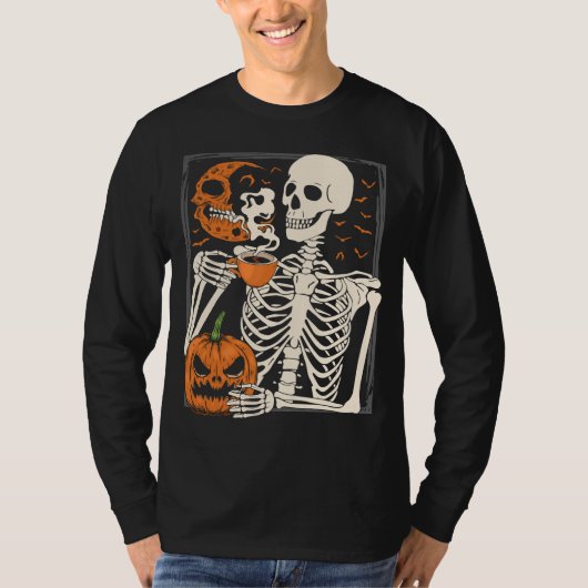 スケルトン飲みコーヒーラバーハロウィーンスカルML Tシャツ (正面)