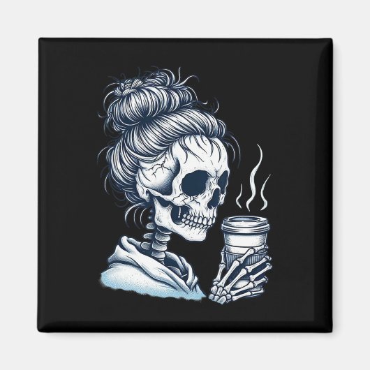 スケルトン飲みコーヒー乱雑なBun女性ハロウィーン マグネット (正面)