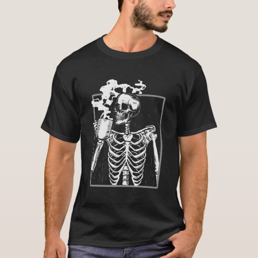スケルトン飲みコーヒー恋人おかしなハロウィーンSku Tシャツ (正面)