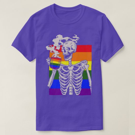 スケルトン飲みコーヒーLGBTQレトロゲイプライドFla Tシャツ (デザイン正面)