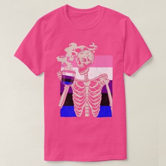 スケルトン飲みコーヒーLGBTQレトロGendderfluid P Tシャツ (デザイン正面)