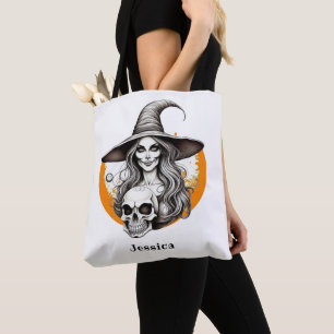 スケルトン魔女ハロウィンリアリスティックアート トートバッグ