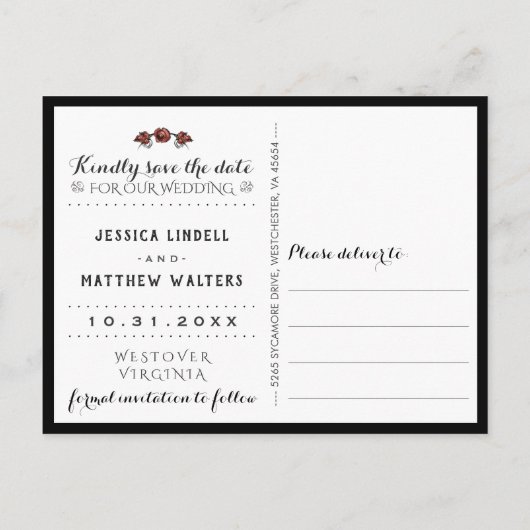 スケルトン黒い灰色の白の日付を保存 案内ポストカード (裏面)