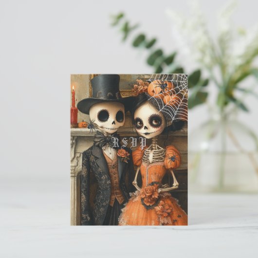 スケルトン黒スパイダズハロウィンウェディングRSVP 招待状 (スタンド正面)