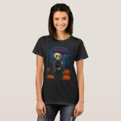 スケルトン黒猫紫色の傘パンプキンハロウィン Tシャツ (正面フル)