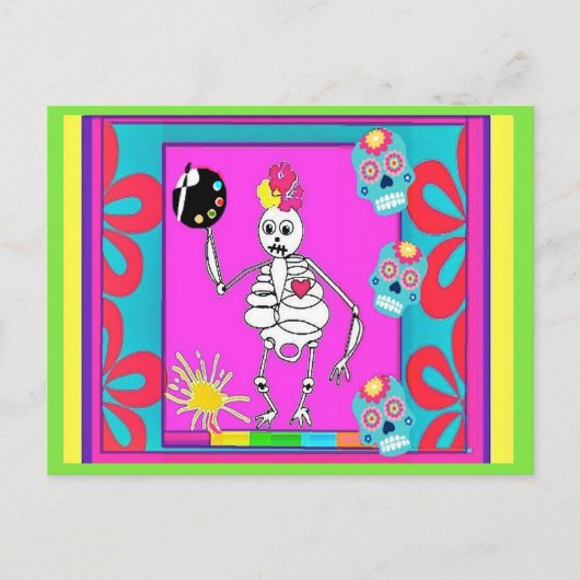 スケルトン・アーティスト、Day of the Dead、アート ポストカード (正面)