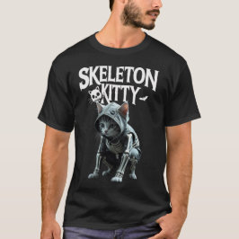 スケルトン+キティTシャツ: スリリングなハロウィーンの猫好き Tシャツ