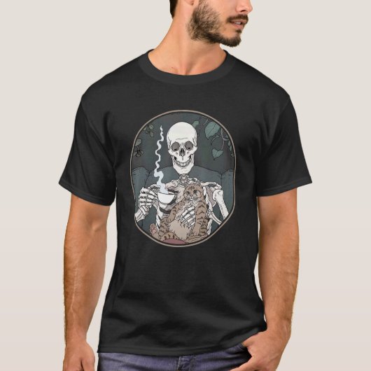 スケルトン コーヒー 猫 ハロウィン 猫 Tシャツ (正面)