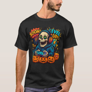 スケルトン ハロウィン ドクロ ゲーマー スプーキー パンプキン ゲーム Tシャツ