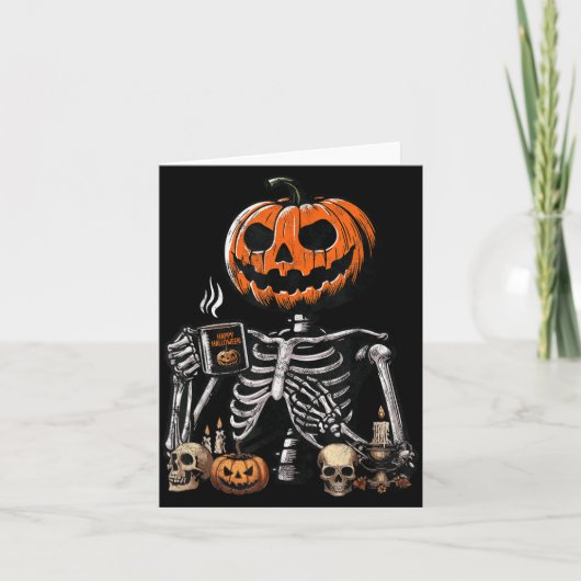 スケルトン パンプキン コーヒー 飲む おもしろ ハロウィン カード (正面)