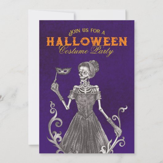 スケルトン パープル ハロウィン パーティー 招待状 (正面)