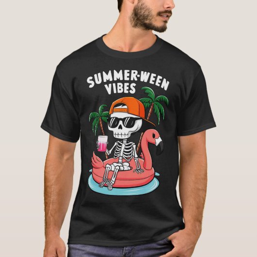 スケルトン+フラミンゴでハロウィン+サマウィン Tシャツ (正面)