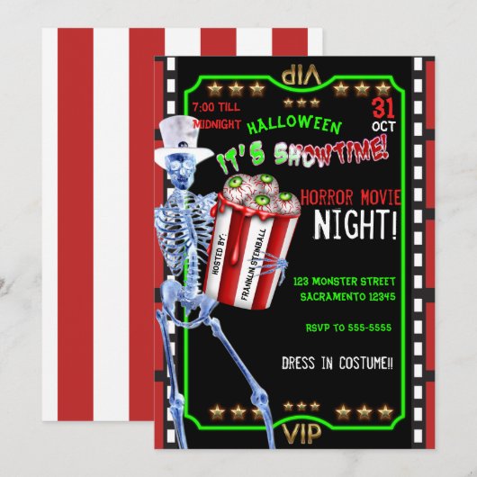 スケルトン・ポップコーン・アイ・ハロウィン映画夜 招待状 (正面/裏面)