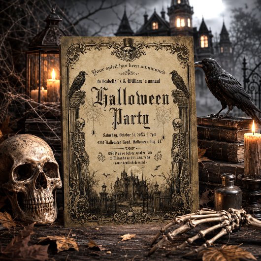 スケルトン+レイヴン+お化け屋敷のハロウィン 招待状