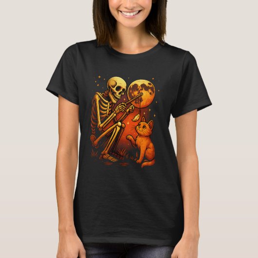 スケルトン 猫 月 夜 ハロウィン おもしろい かわいい メンズ Tシャツ (正面)