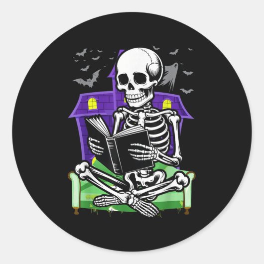 スケルトン 読書 本好き 本の虫 読者 ハロウィン ラウンドシール (正面)